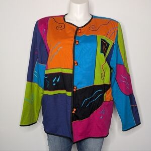 Vintage Allure Colorful Embroidered Color Block Toggle Button Jacket 1X